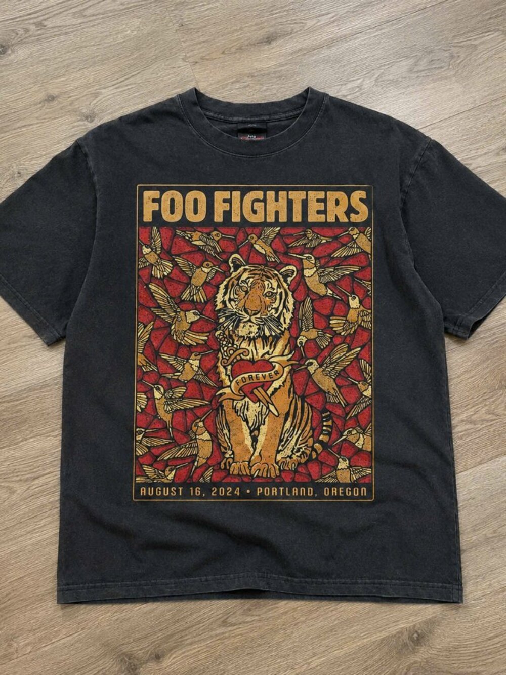 Foo Fighters Portland 2024 Concert Tour Tiger Graphic T-Shirt Washed Black